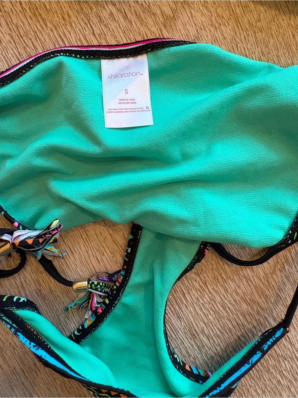 Ruffle Bandeau Bikini Set in Black With Bright Aztec Pattern
